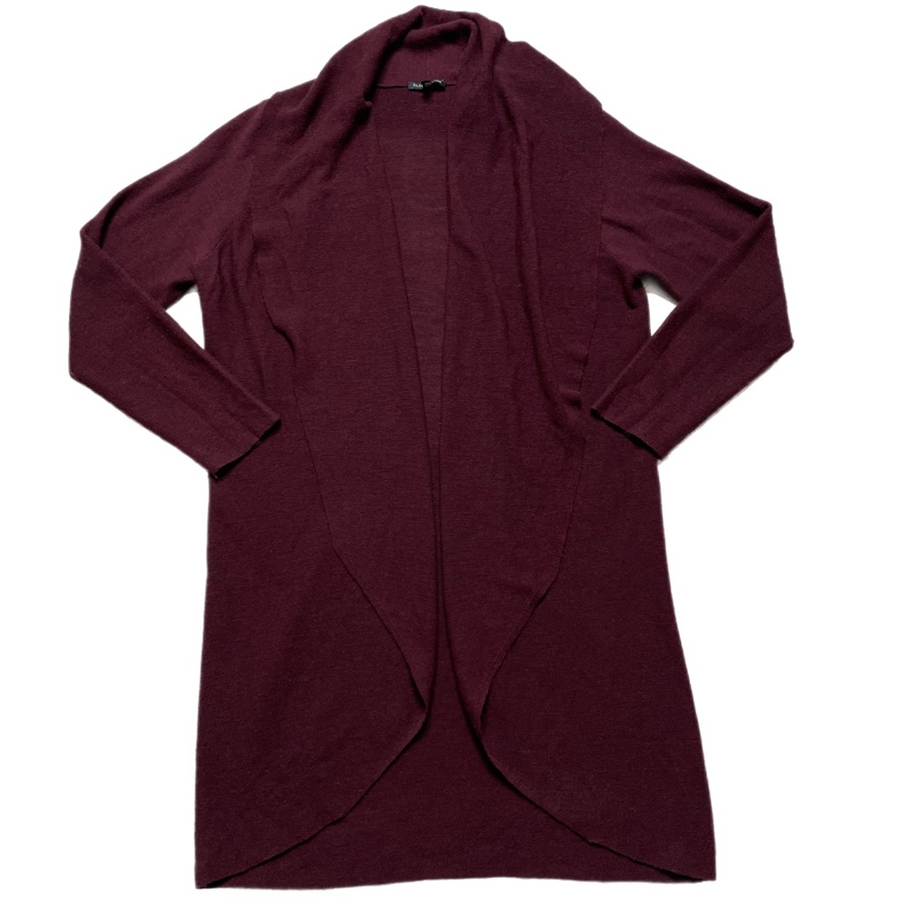 Eileen Fisher 100% Wool Open Front Shawl Collar Burgundy Longline Cardigan XL